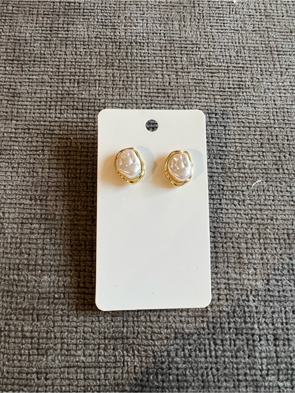 Gold Frame Textured White Pearl Stud Earrings